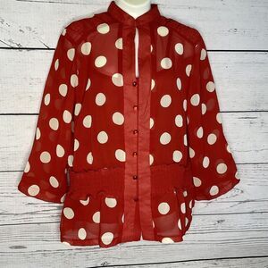 Vintage MG Tulle Red Polka Dot‎ 3/4 Sleeve Blouse Rockabilly Women’s Medium Y2K